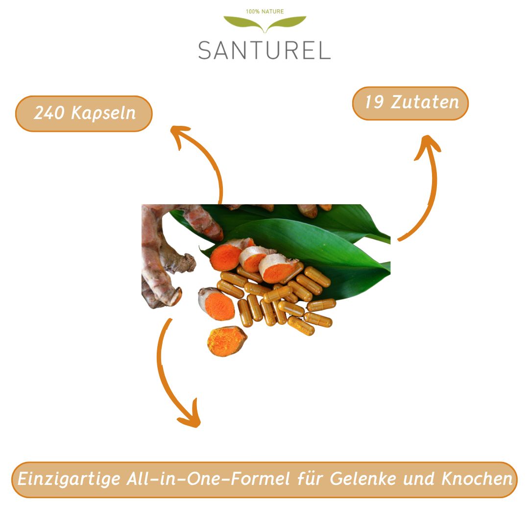 Kapseln, Kurkuma, Ingwer und Blätter. Aufschrift: 240 Kapseln, 19 Zutaten. Text: Einzigartige All-in-One-Formel.