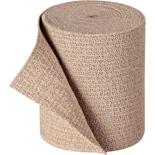 Beige elastische Bandage, gerollt. Gewebte Textur, teilweise abgerollt.