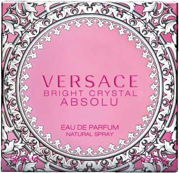 Verpackung für Parfum. Rosa Hintergrund mit weißem Muster. Aufschrift: Versace Bright Crystal Absolu.