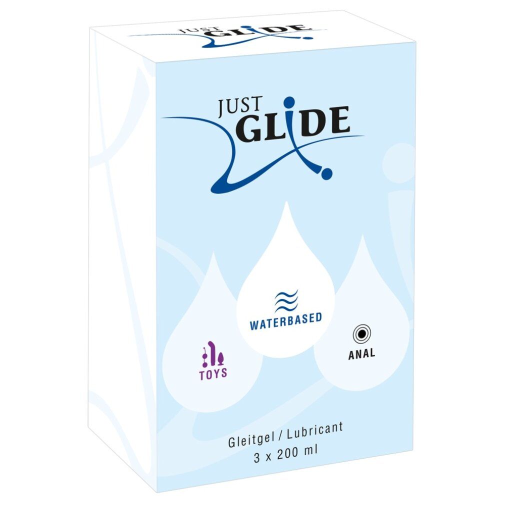 Verpackung von JUST GLIDE med.Gleitgel. 3 x 200 ml. Wasserbasiert, Toys und Anal. Medizinische Gleitmittel.