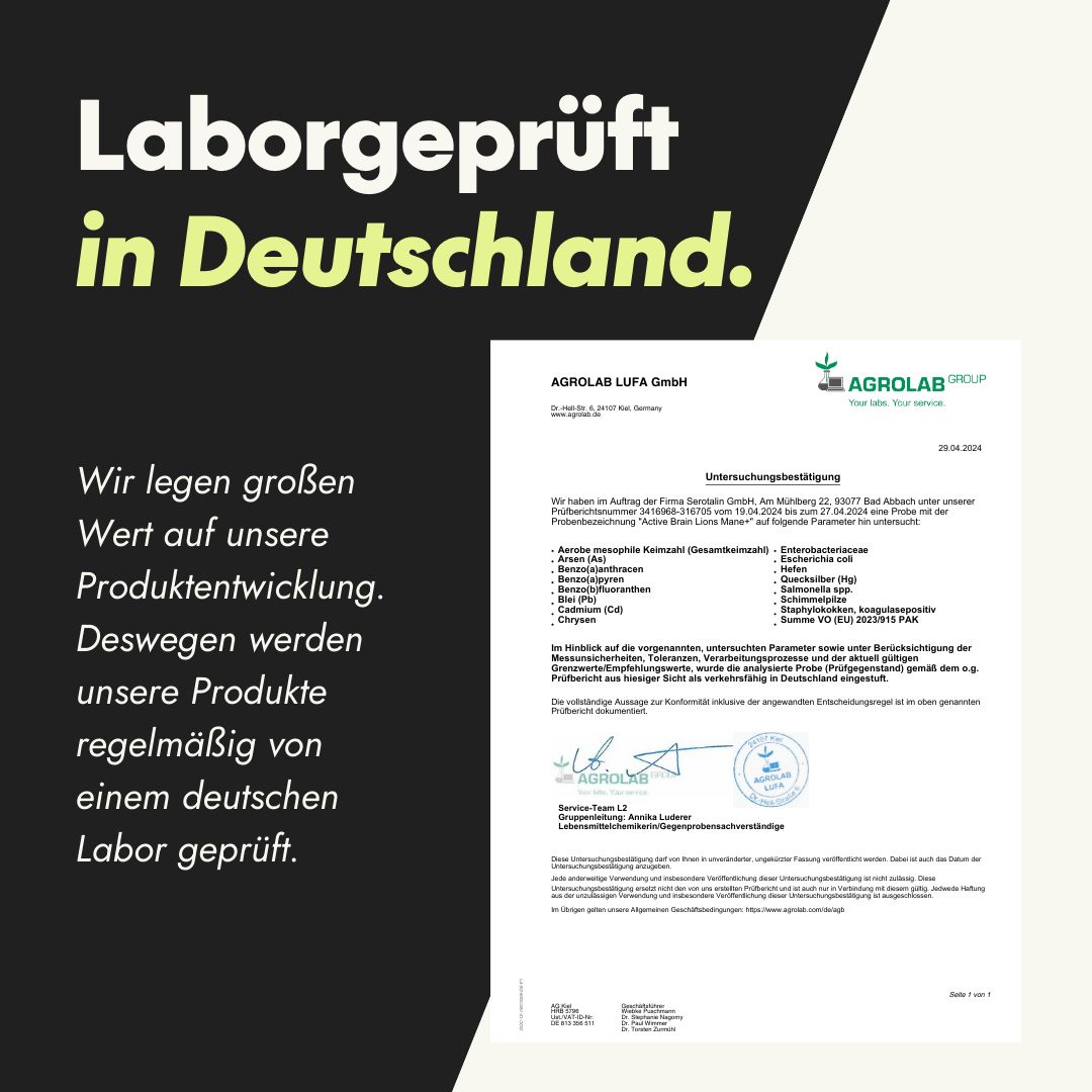 Laborgeprüft in Deutschland. Dokument von AGROLAB LUFA GmbH. Text: Wir legen großen Wert auf unsere Produktentwicklung.