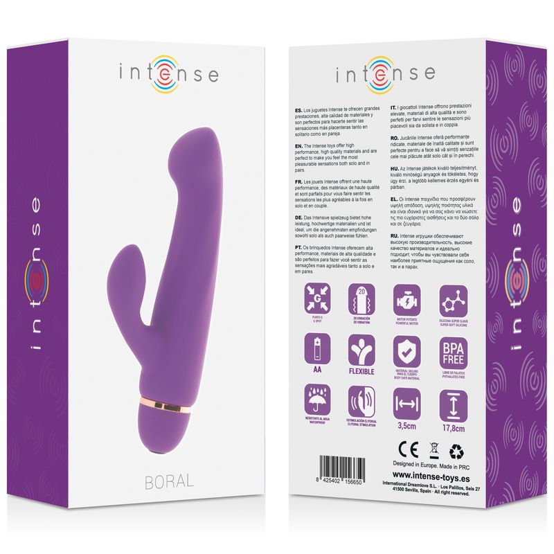 Verpackung von Intense Boral Vibrator. Lila Box mit Produktabbildung und Text. Logos und Produktinformationen.
