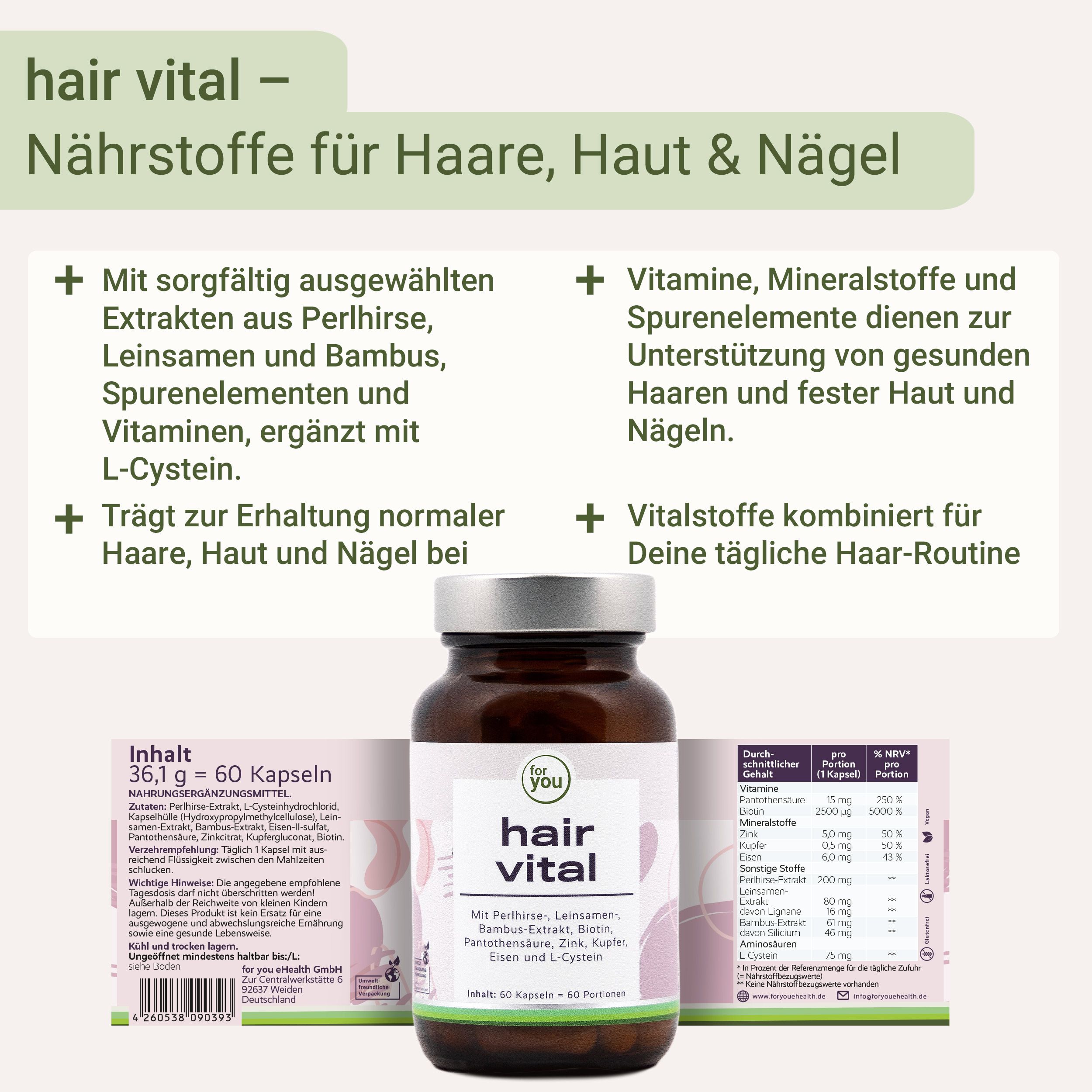 Braune Glasflasche mit Kapseln. Aufschrift "hair vital" und "for you". Verpackung mit Produktinformationen. 60 Kapseln.