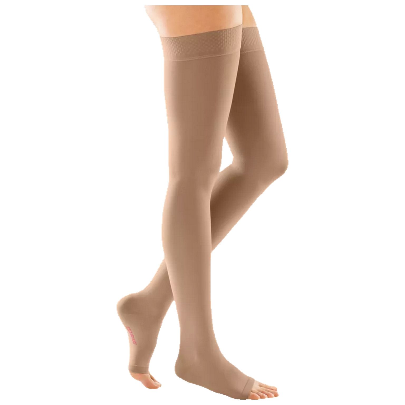 Beige Kompressions-Schenkelstrümpfe mit offener Fußspitze. Feines, strukturiertes Material. Oben mit Spitze.