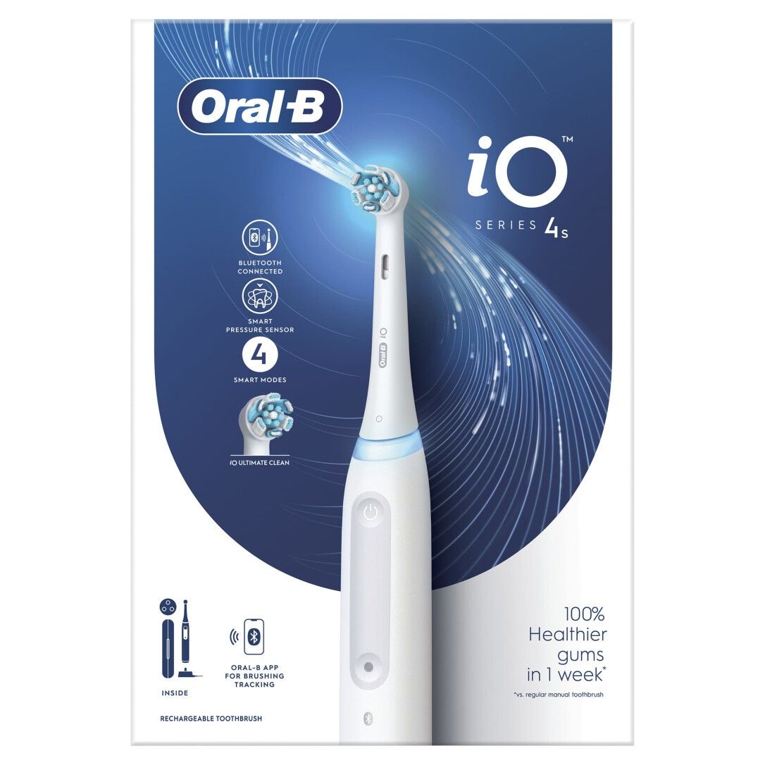 Verpackung mit elektrischer Zahnbürste. Oral-B iO Series 4s. Produktmerkmale und Bluetooth-Funktion werden hervorgehoben.