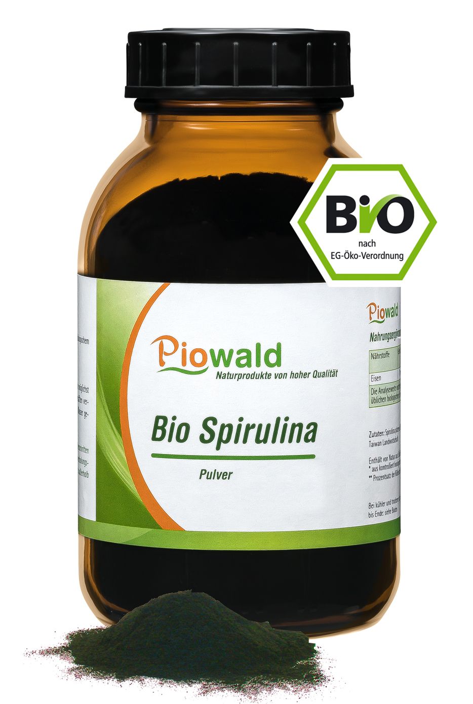 Braune Glasflasche mit schwarzem Deckel und grünem Etikett. Aufschrift: Bio Spirulina Pulver. Bio-Siegel.