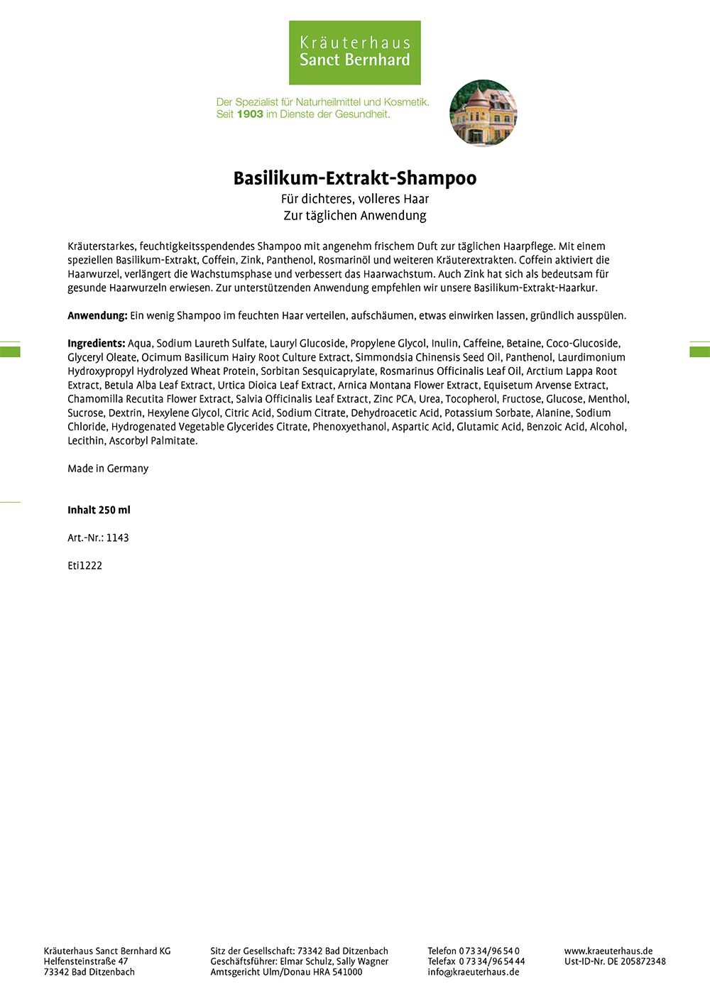 Sanct Bernhard Basilikum-Extrakt-Shampoo