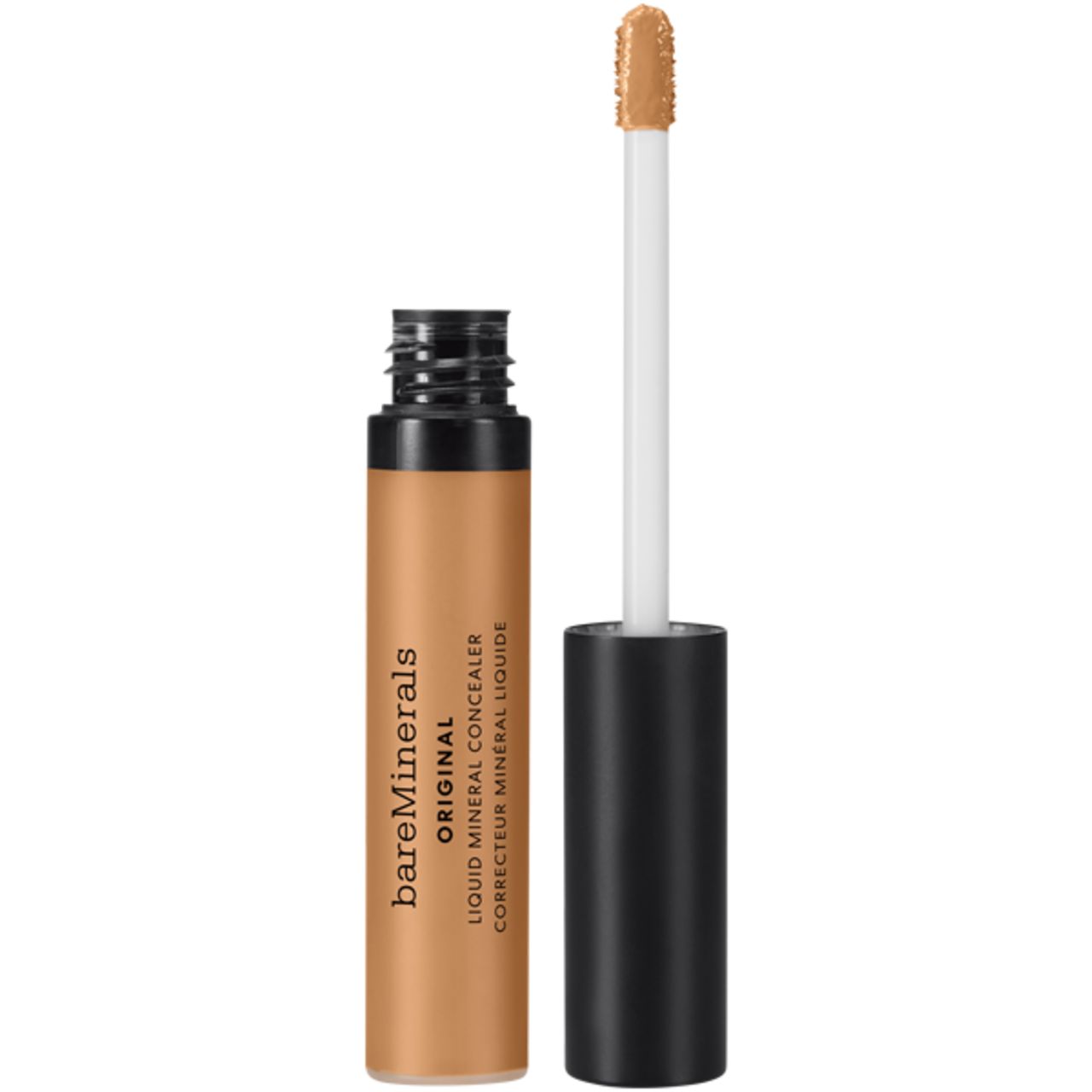 bareMinerals Original Liquid Concealer. Geöffnete Tube, Applikator sichtbar. Schwarzer Deckel.