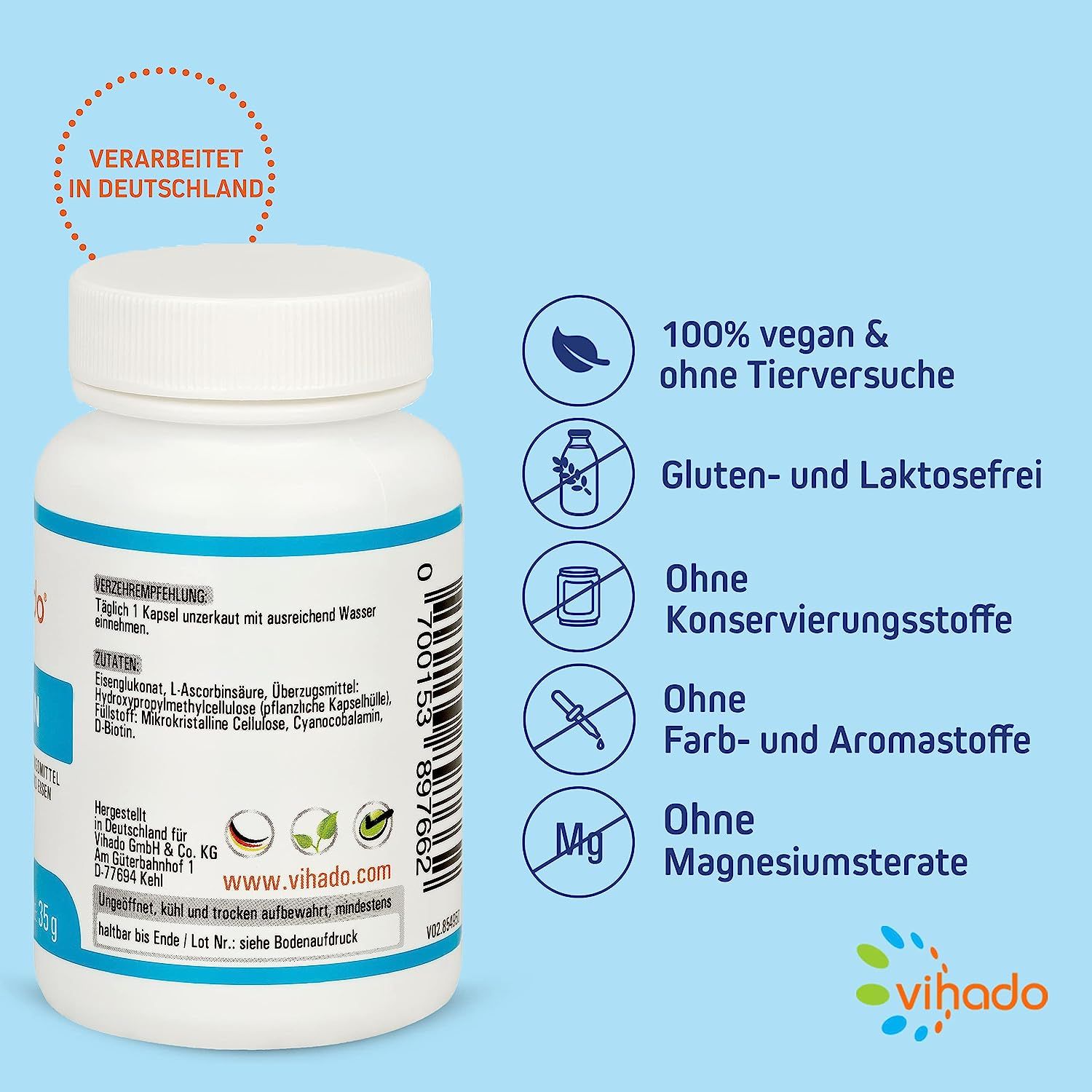Weiße Flasche mit blauer Banderole. Aufschrift: Vihado, Eisen Kapseln. 100% vegan, gluten- und laktosefrei, ohne Konservierungs-, Farb- und Aromastoffe.