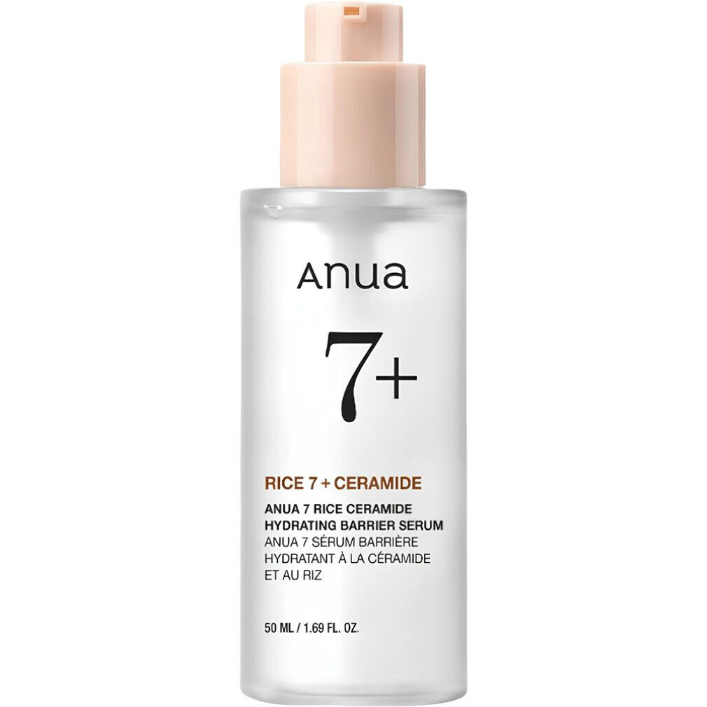 Anua 7 Rice Ceramide Serum Flasche mit Pumpspender, Frontansicht.