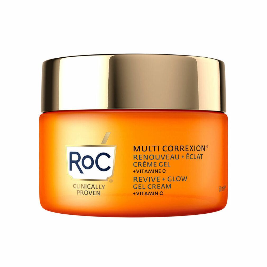 Orangefarbenes Cremegel-Glas mit goldenem Deckel. Aufschrift: Roc, Multi Correxion, Revive + Glow, 50 ml.