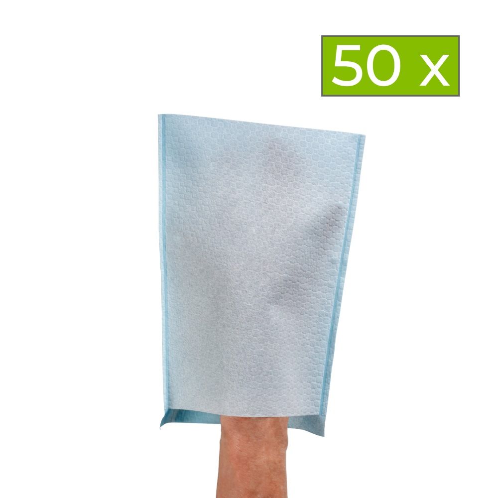 Hellblauer Waschhandschuh auf einer Hand. Oben rechts: '50 x'.