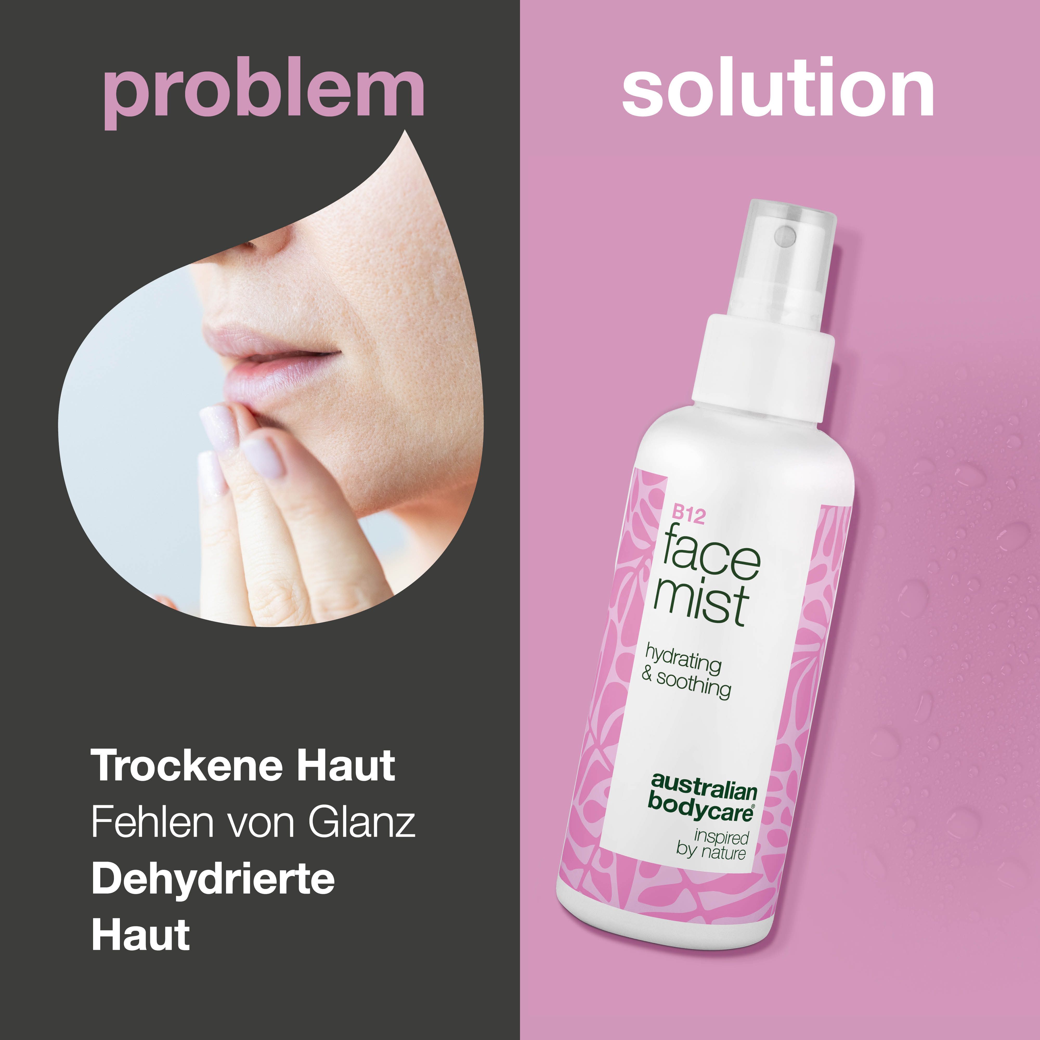 Gesicht einer Frau und eine Sprühflasche. Text: Problem, Lösung. B12 Face Mist, hydrating & soothing. Australian Bodycare.