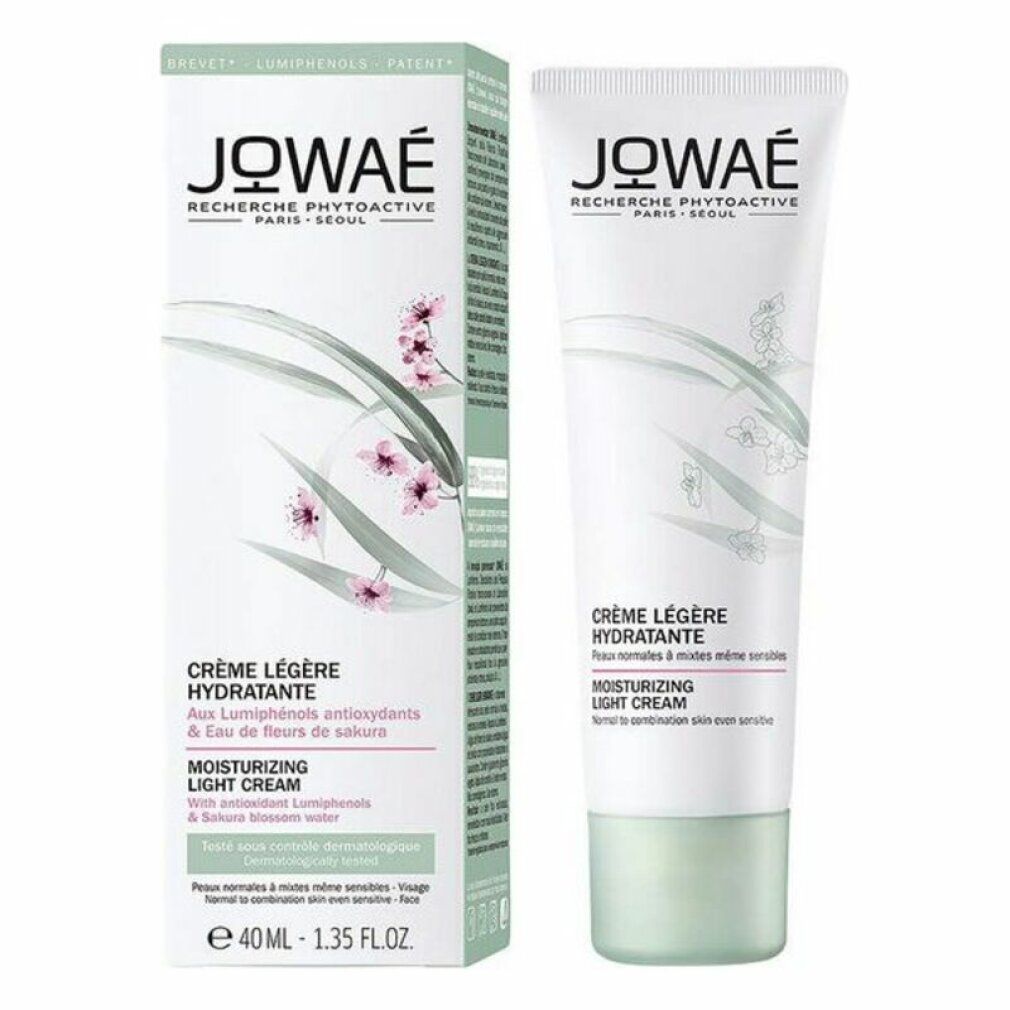 Creme-Tube und Verpackung mit Produktnamen und floralem Design. Text: Crème Légère Hydratante, Moisturizing Light Cream.