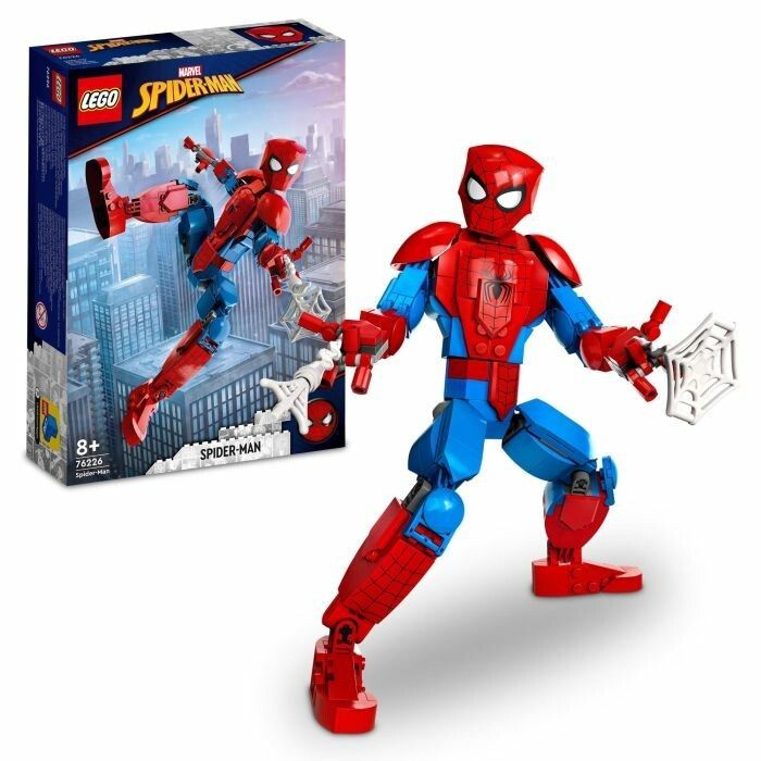 Action figure LEGO Marvel Spider-Man. La figura, rossa e blu, è snodabile e include un accessorio ragnatela. La confezione mostra Spider-Man davanti a uno sfondo urbano. Adatto a bambini dagli 8 anni in su.