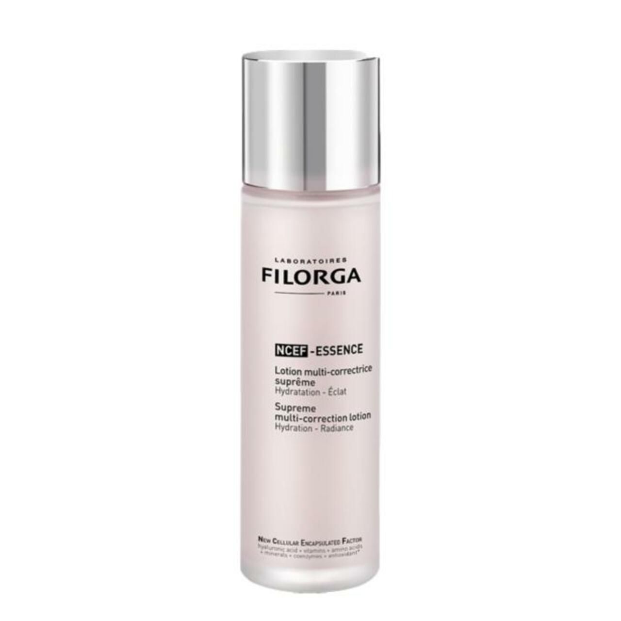 Filorga NCEF Essence Flasche. Rosa Flüssigkeit, silberner Deckel. Text: NCEF-Essence, Lotion multi-correctrice suprême.