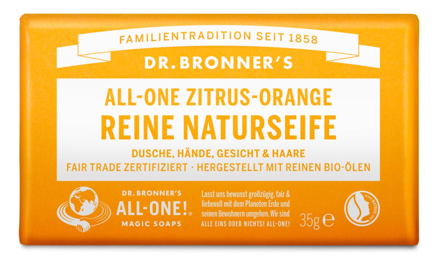 Orangefarbene Seife. Beschriftung: Dr. Bronner's, All-One Zitrus-Orange Reine Naturseife. Fair Trade zertifiziert. 35g.