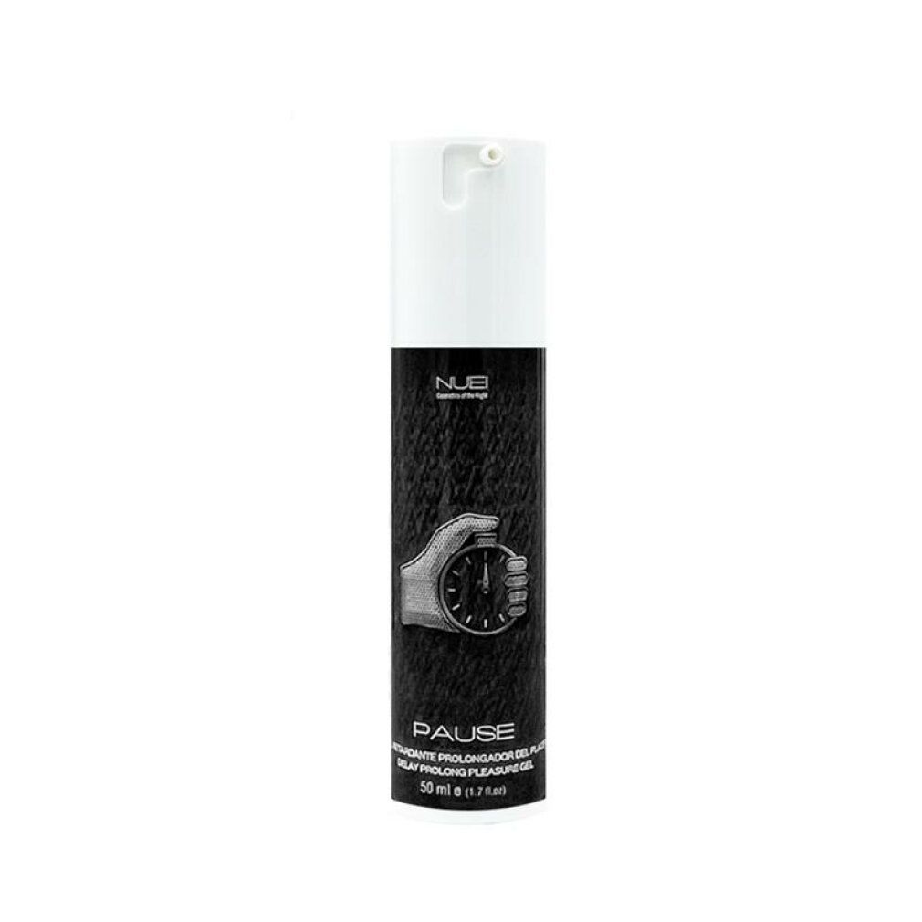 Weiß-schwarze Tube mit Produktnamen und Logo. Text: Delay Prolong Pleasure Gel. Hand mit Stoppuhr-Symbol.