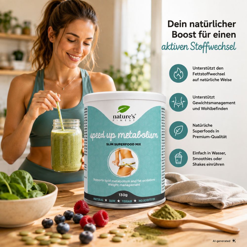 Frau mit Smoothie neben Nature's Finest Speed Up Metabolism Dose. Unterstützt den Stoffwechsel, Gewichtsmanagement und Wohlbefinden. Für natürliche Boosts.