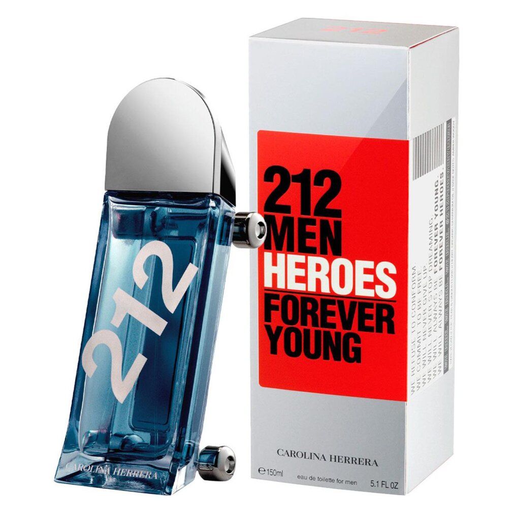 Blaues Parfümflakon mit silbernem Deckel und weißer Verpackung. Aufschrift: 212 Men Heroes Forever Young. Marke: Carolina Herrera.