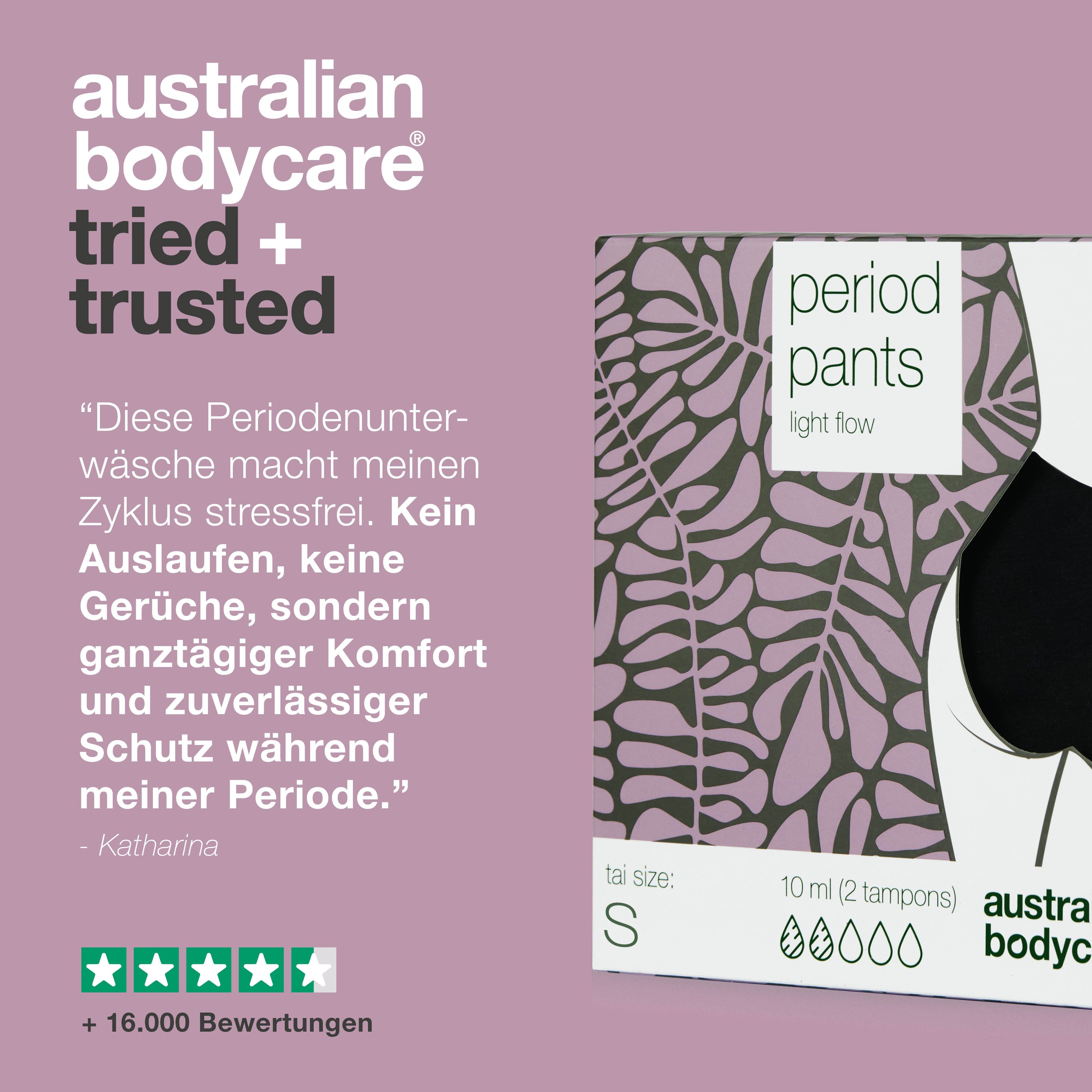 Verpackung mit Periodenunterwäsche, Größe S. Text: Period Pants, Light Flow. Marke: Australian Bodycare.