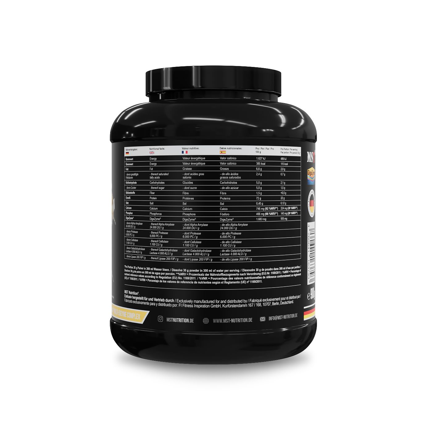 Rückseite eines schwarzen MST Best Whey Protein Behälters mit Nährwertangaben und Inhaltsstoffen in mehreren Sprachen.