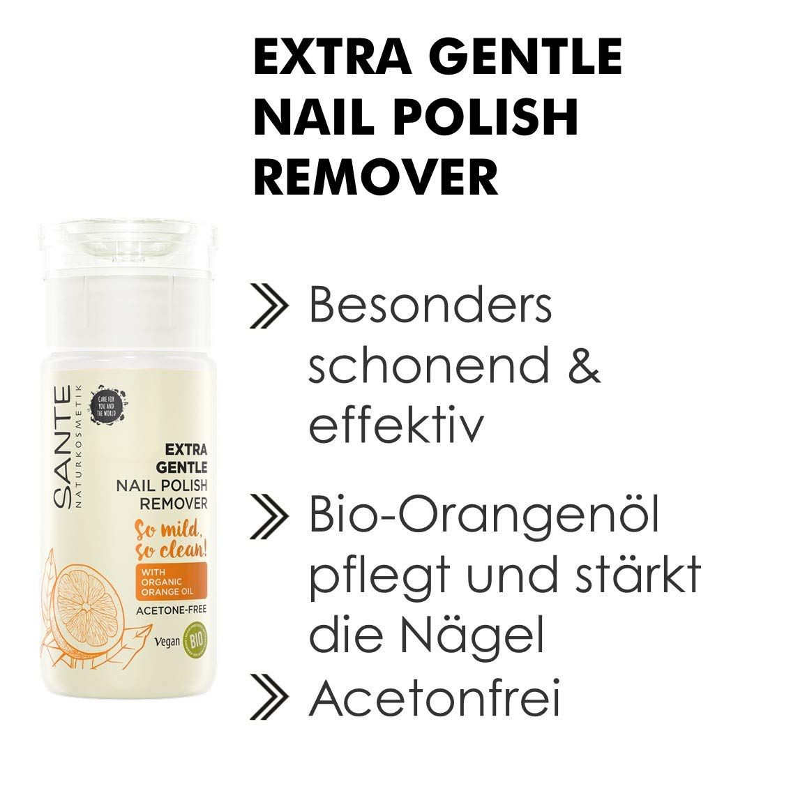 Flasche mit Nagellackentferner. Aufschrift: Extra Gentle Nail Polish Remover, So mild, So clean! Mit Bio-Orangenöl. Vegan.