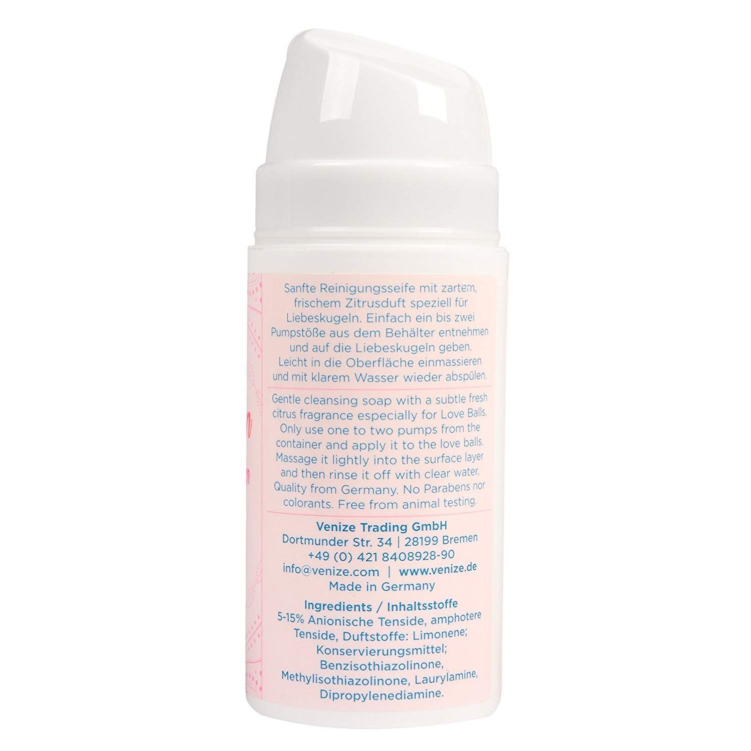 Rückseite der weißen Flasche mit Text. Enthält Informationen über Inhaltsstoffe und Hersteller.