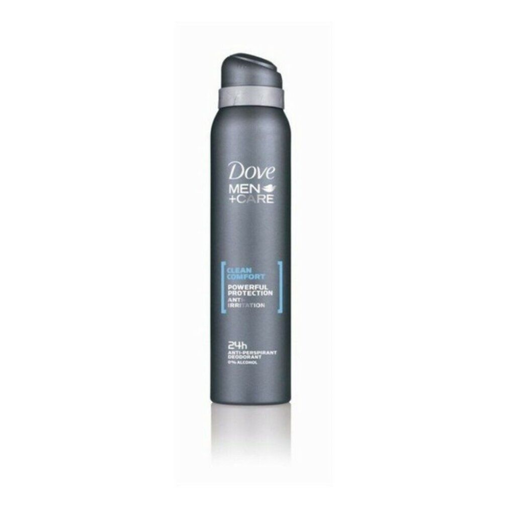 Dunkelgraue Deodorant-Spray-Dose mit weißem Schriftzug Dove Men+Care. Text: Clean Comfort, Powerful Protection, 24h.