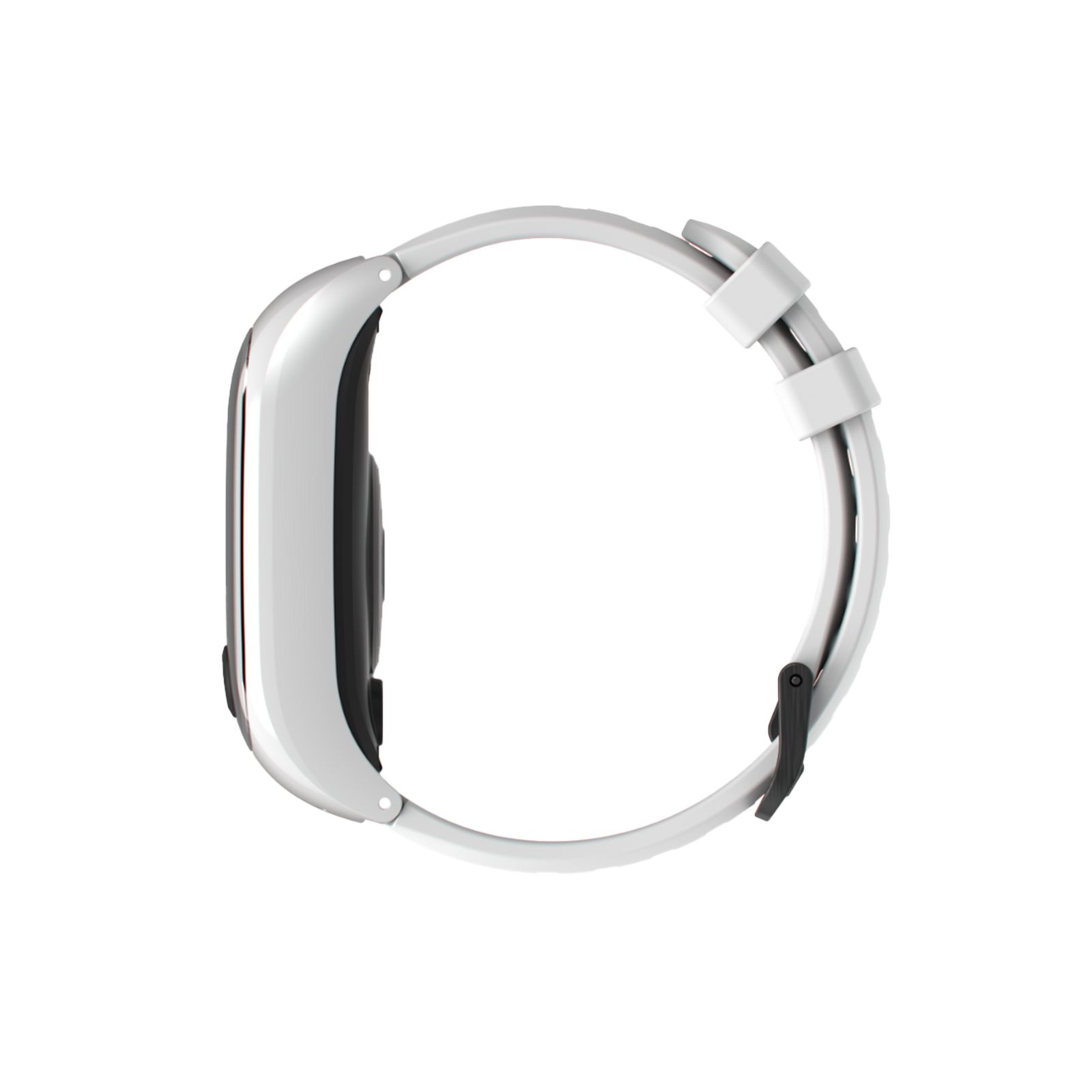 Seitenansicht der Smartwatch. Weisses Armband, silbernes Gehäuse, schwarzes Display. Schwarze Schnalle.