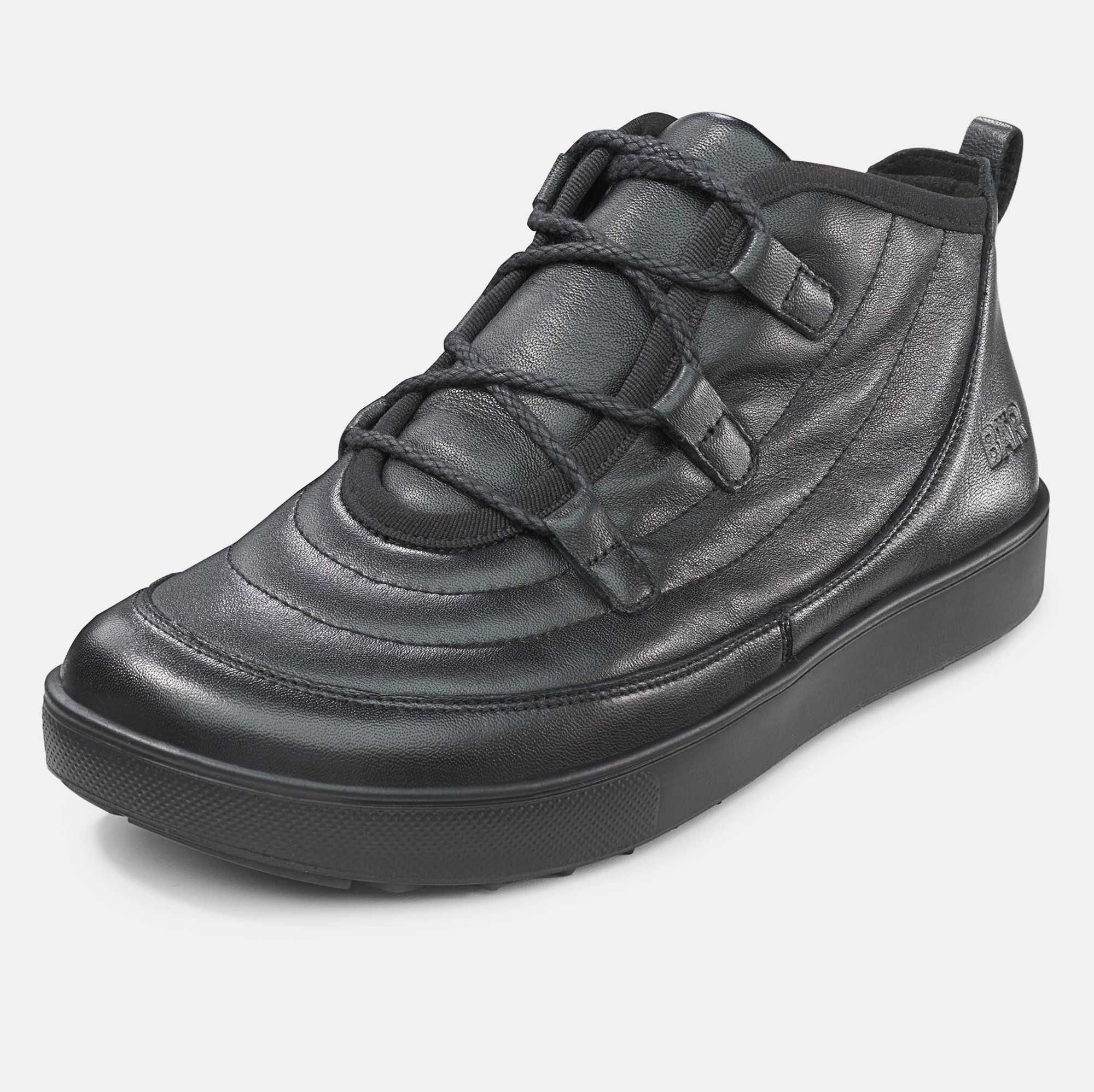 Schwarze Stiefelette mit Schnürsenkeln und gepolstertem Design. Seitliche Ansicht, auf weißem Hintergrund.