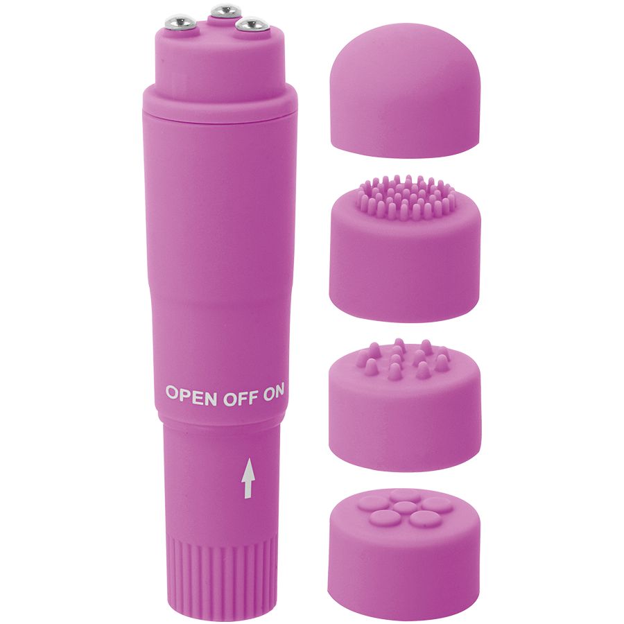 Lila Mini-Massagevibrator mit vier Aufsätzen. Aufsätze mit unterschiedlichen Oberflächen. Aufschrift "OPEN OFF ON".