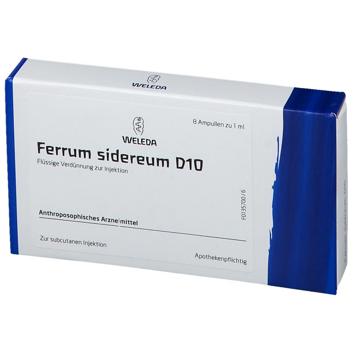 Weleda-Verpackung 'Ferrum sidereum D10'. Enthält 8 Ampullen. Blaue Akzente. Text: 'Flüssige Verdünnung zur Injektion'.
