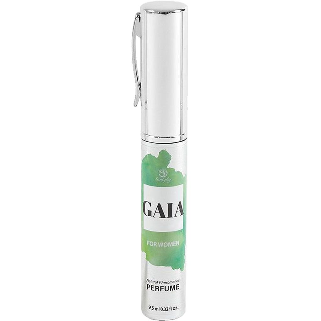 Zylindrische Flasche mit silberner Kappe und Clip. Aufschrift "GAIA FOR WOMEN PERFUME". Grüne Aquarell-Design.