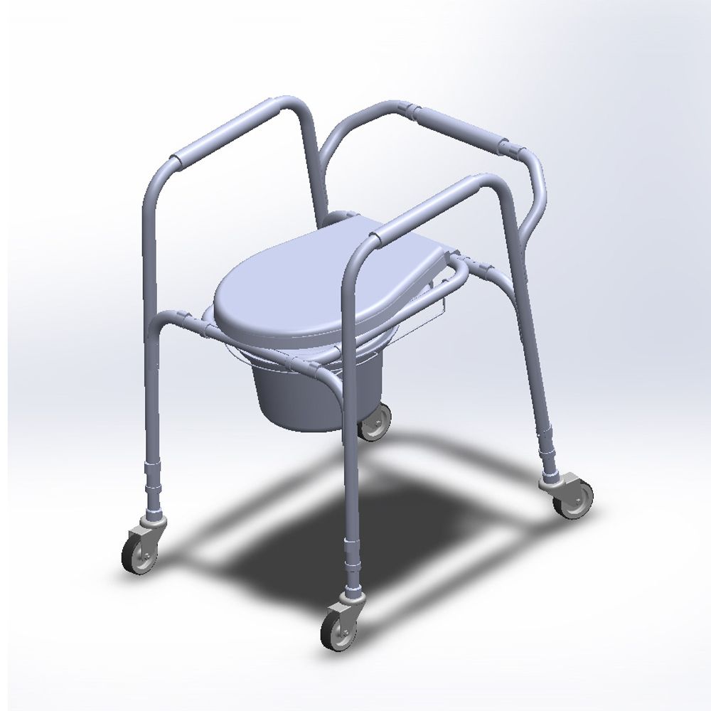Fahrbarer Toilettenstuhl mit Armlehnen, Sitz und Eimer. Vier Räder für Mobilität. Metallrahmen, graue Farbe.