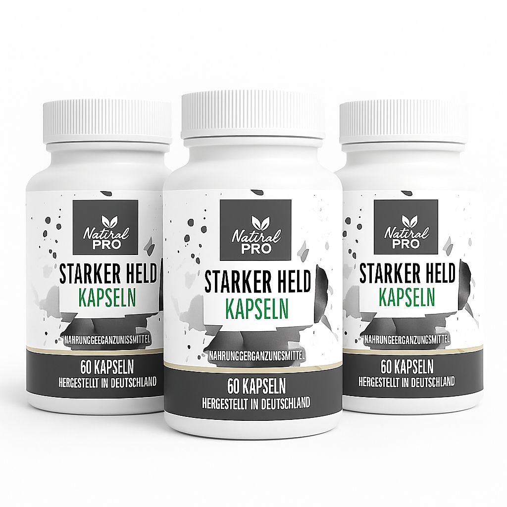 Drei weiße Flaschen mit Kapseln. Auf jeder Flasche steht "STARKER HELD KAPSELN" und "60 KAPSELN". Marke: Natural Pro.
