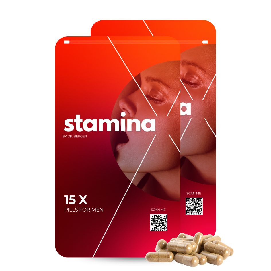 Verpackung mit Stamina-Kapseln. Enthält 15 Kapseln für Männer. QR-Codes und das Logo sind sichtbar.