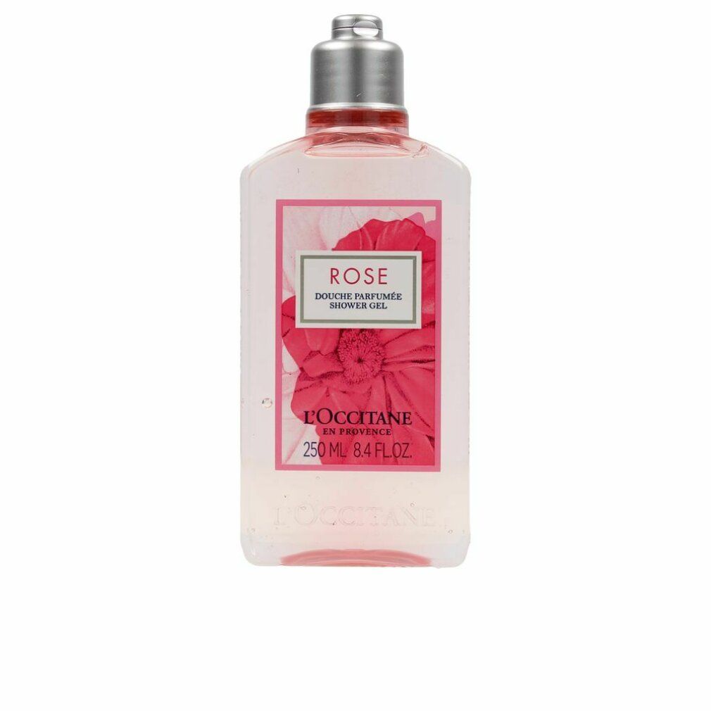 Duschgel-Flasche mit Rose-Motiv. Transparentes, rosafarbenes Gel. Etikett mit "Rose" und "L'Occitane". Silberner Deckel.