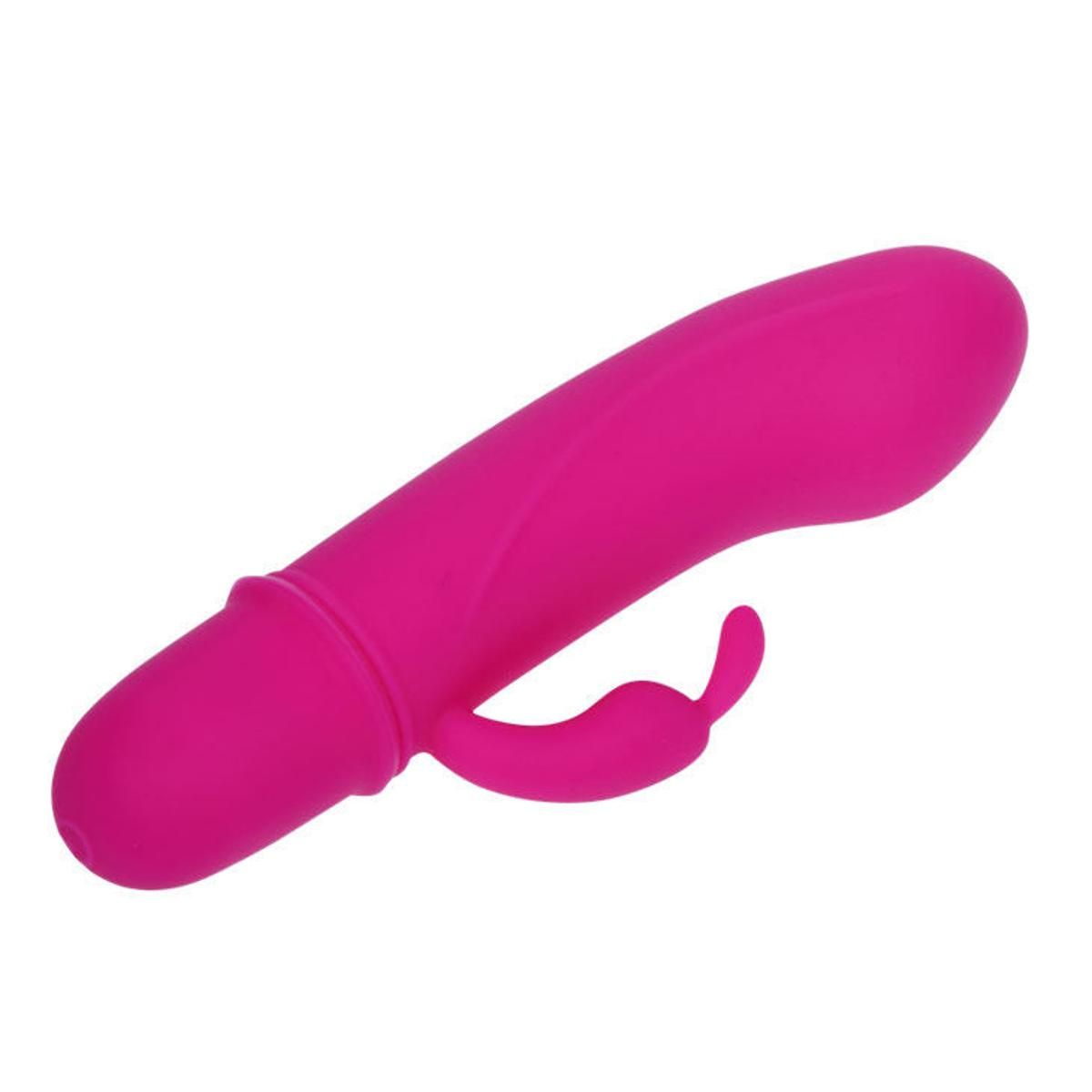 Pinkfarbener Vibrator mit Kaninchenohren-Design. Aus Silikon. Gebogene Form.