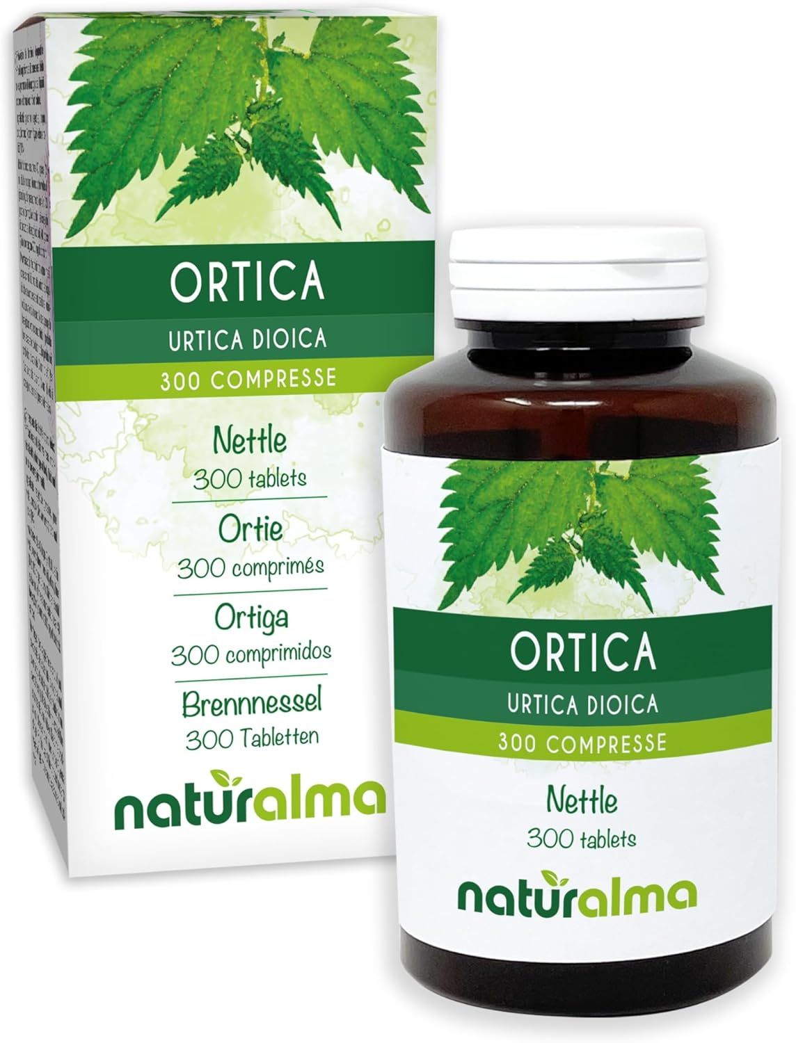 Naturalma Brennnessel Urtica dioica Tabletten. Dose und Schachtel. Text: Ortica, 300 compresse.