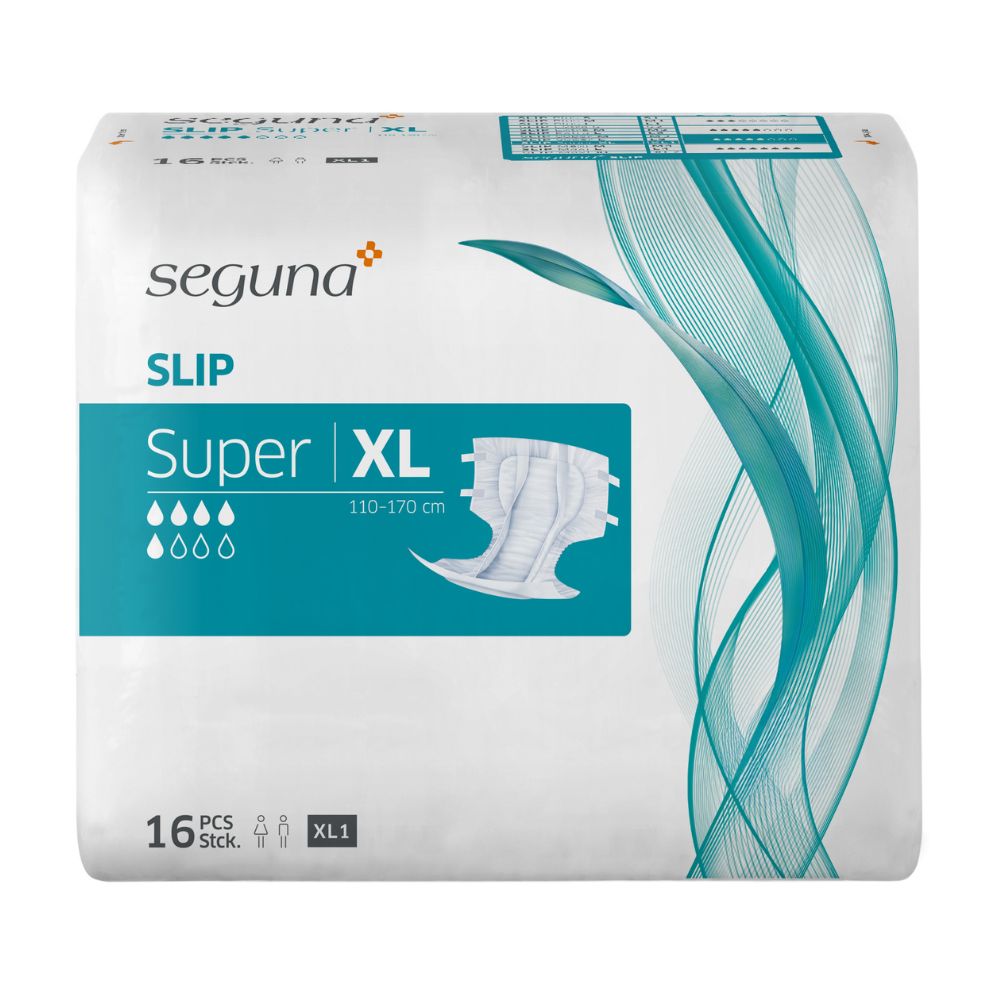 Verpackung mit SEGUNA Slip Super XL. Enthält 16 Stück. Produktbezeichnung, Saugstärke und Größe sind angegeben. Abbildung eines Slips.