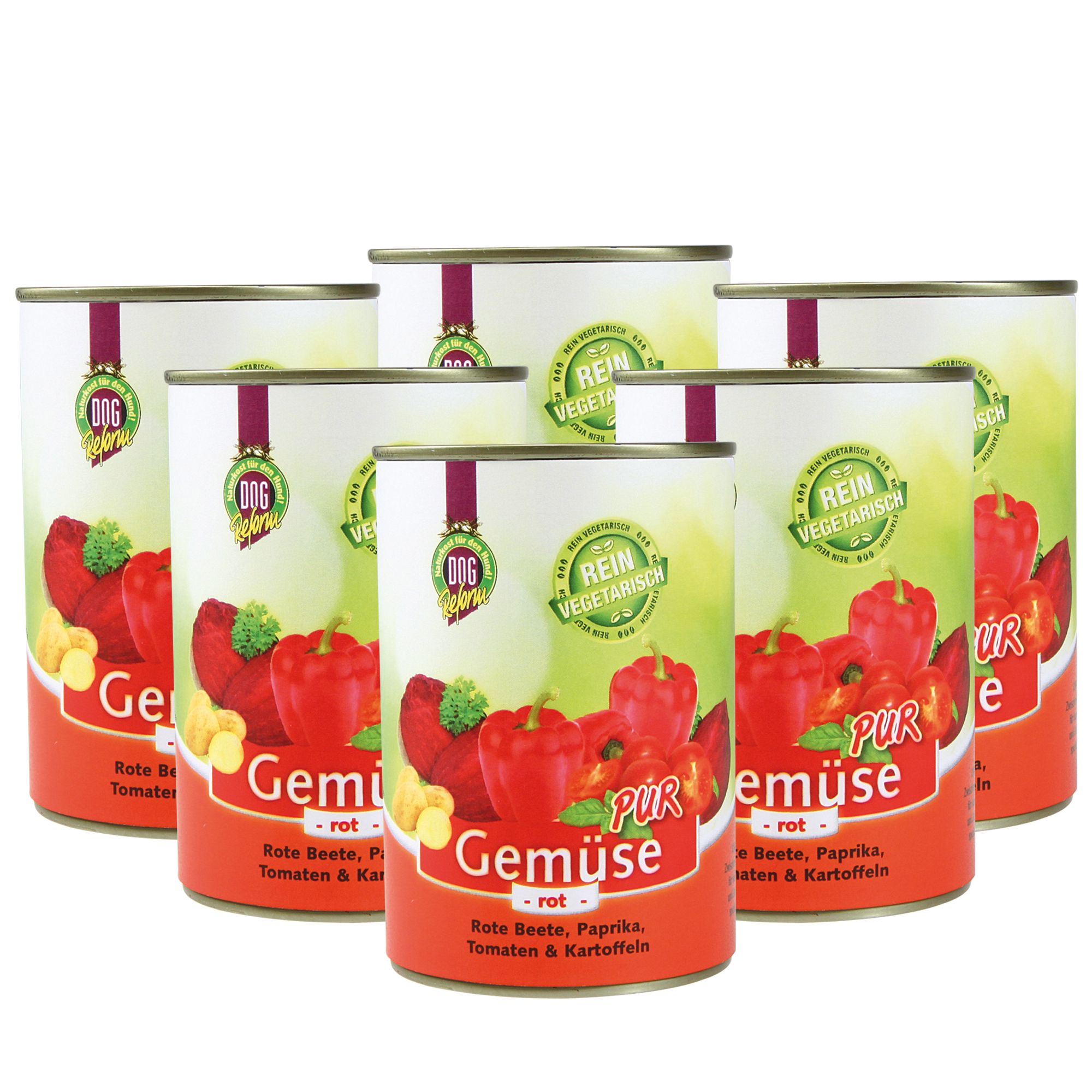 Sechs Dosen Nassfutter, rot, mit Gemüse-Abbildung. Aufschrift: Gemüse, rot, rein vegetarisch.