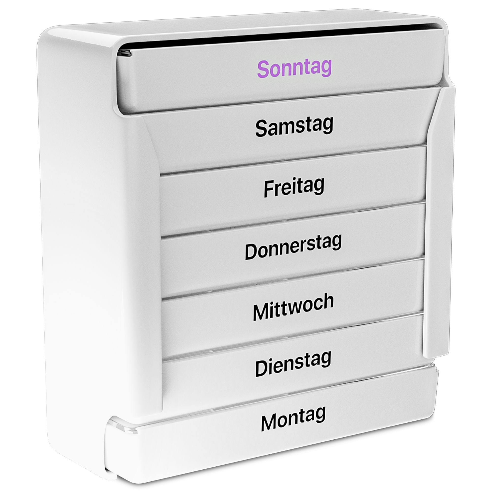Weißer Tabletten-Organizer mit 7 Schubladen. Beschriftung der Wochentage.