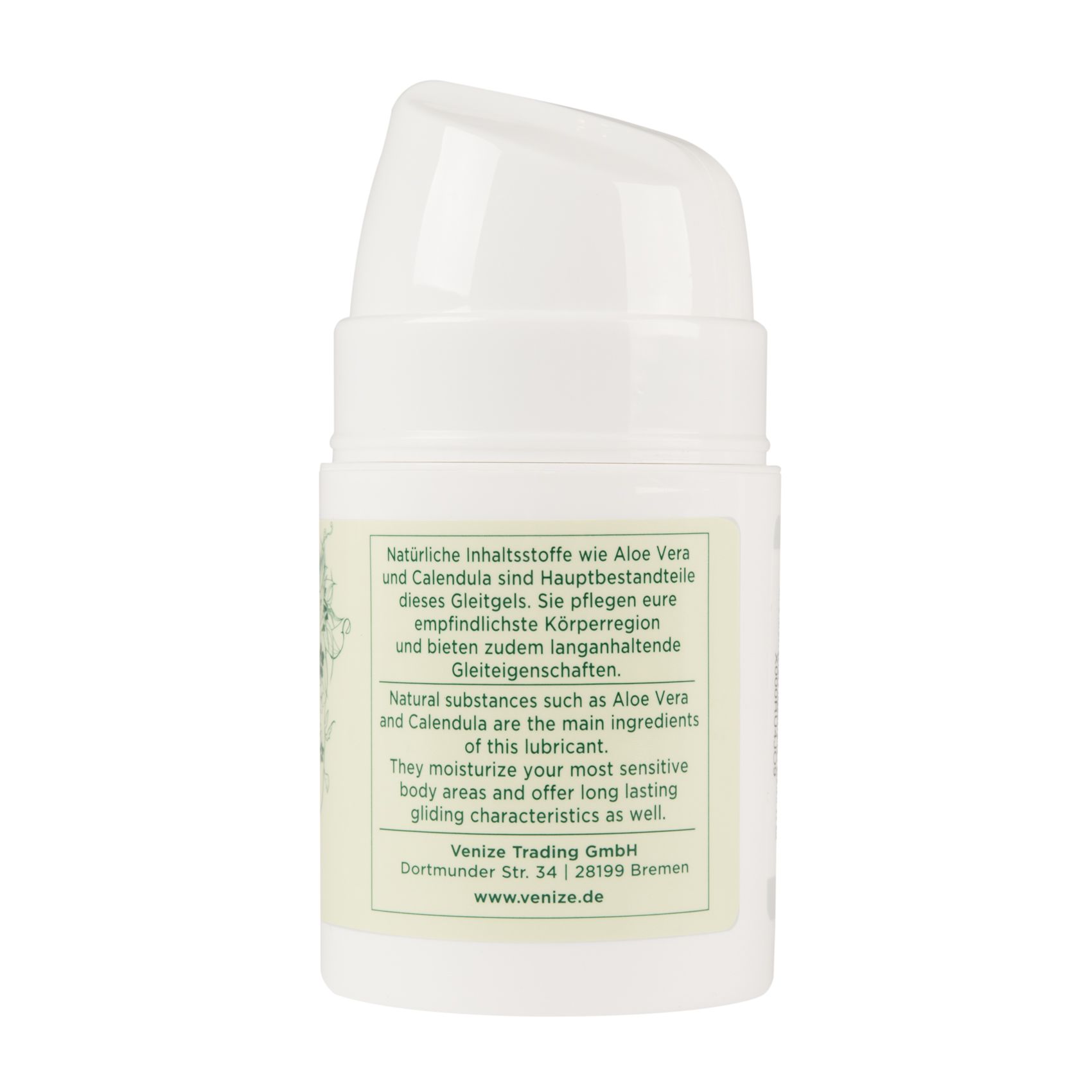 Rückseite des weißen Spenders. Text über Inhaltsstoffe wie Aloe Vera und Calendula. Adresse von Venize Trading GmbH.