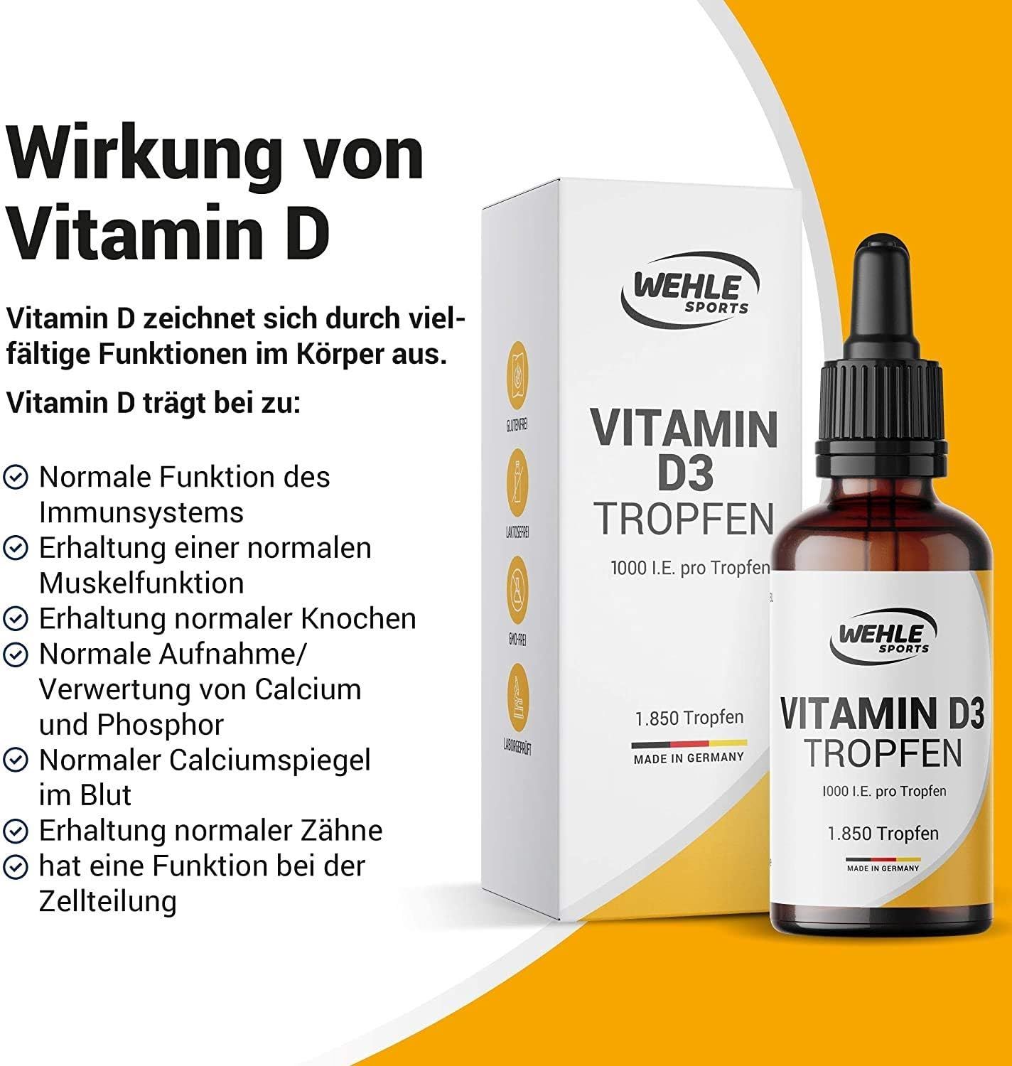 Karton und Flasche Vitamin D3 Tropfen 1000 I.E. mit Wehle Sports Logo. Text über die Wirkung von Vitamin D. Gelber Hintergrund.