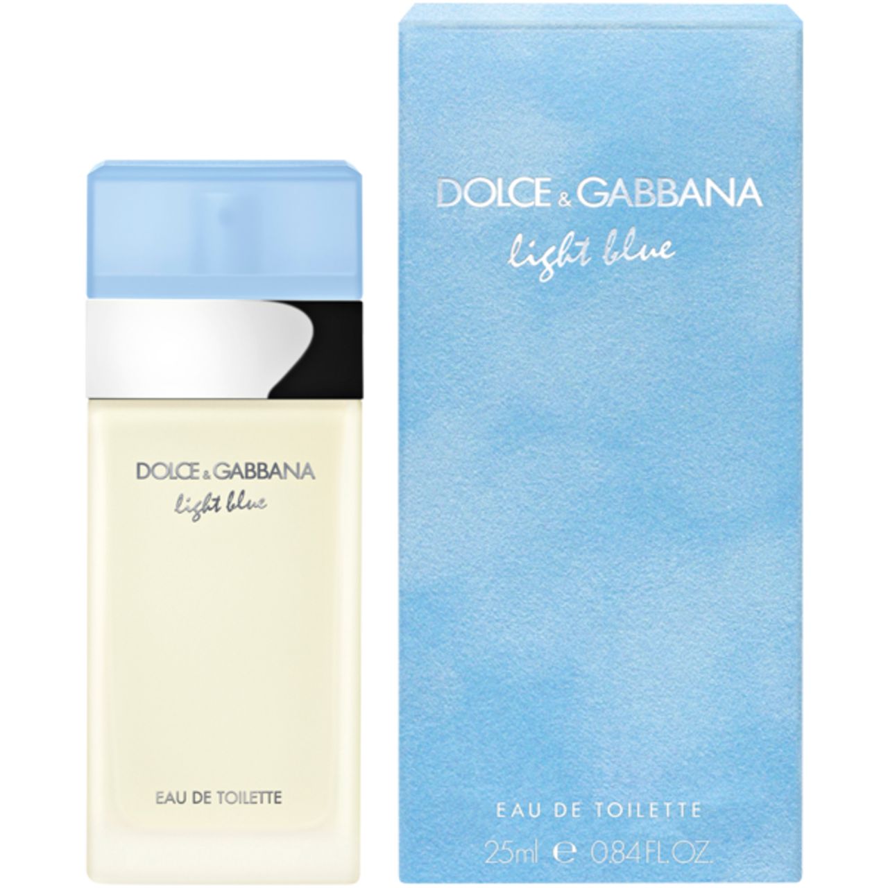 Dolce & Gabbana Light Blue E.d.T. Nat. Spray. Flakon und Verpackung. Hellblauer Flakon und hellblaue Schachtel.