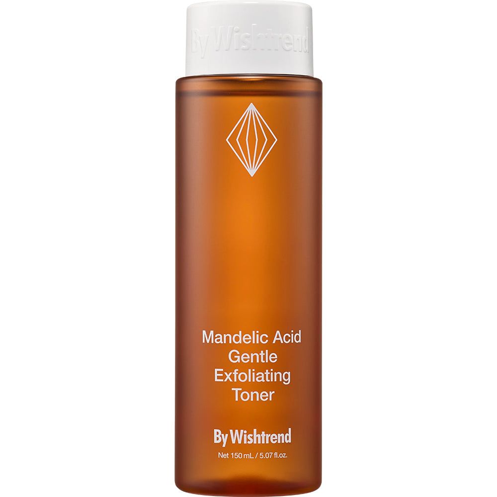 Braune Glasflasche mit weißem Deckel, By Wishtrend Mandelic Acid Gentle Exfoliating Toner.