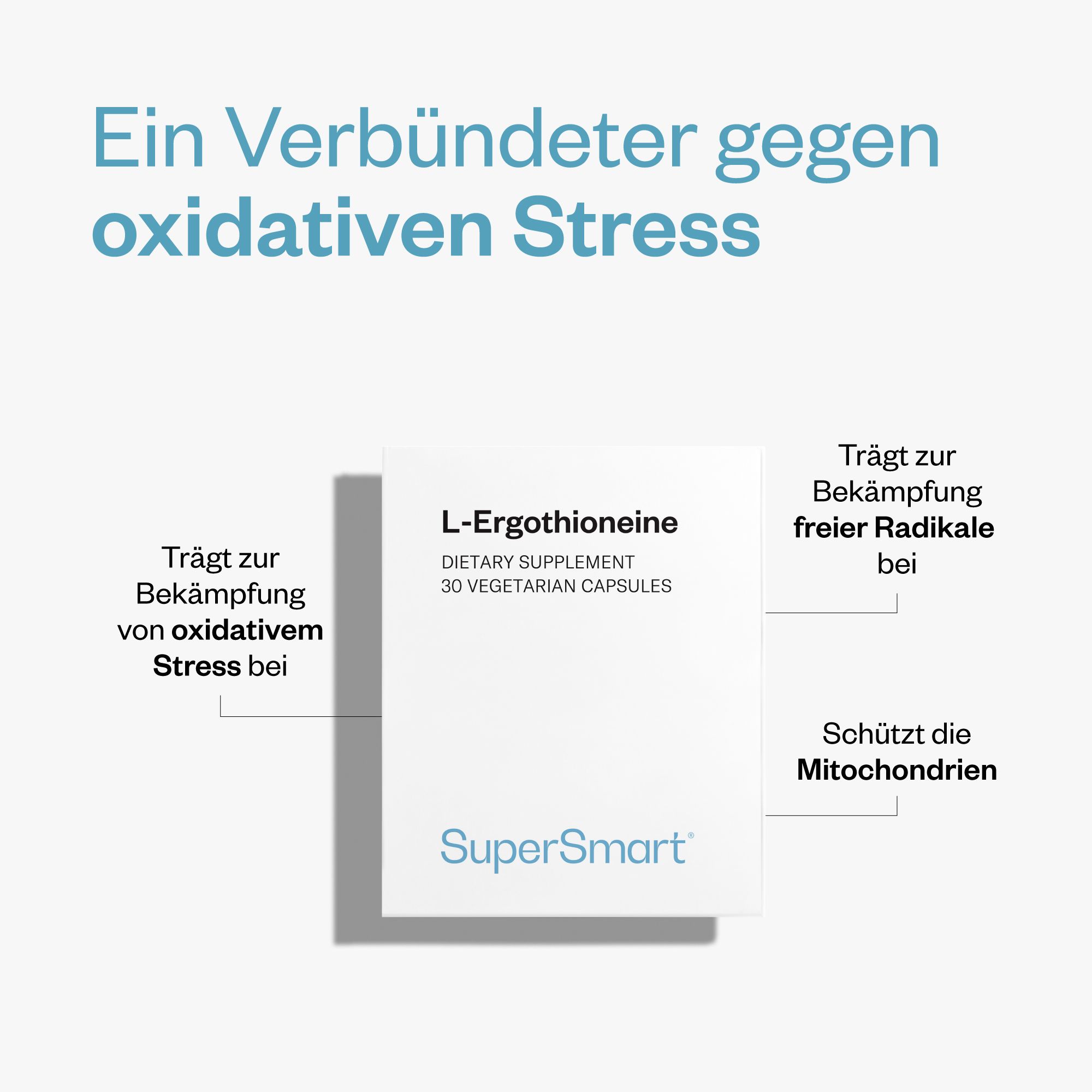 Grafik mit Text: L-Ergothioneine, 30 vegetarische Kapseln. SuperSmart-Logo. Text über oxidativem Stress und freie Radikale.
