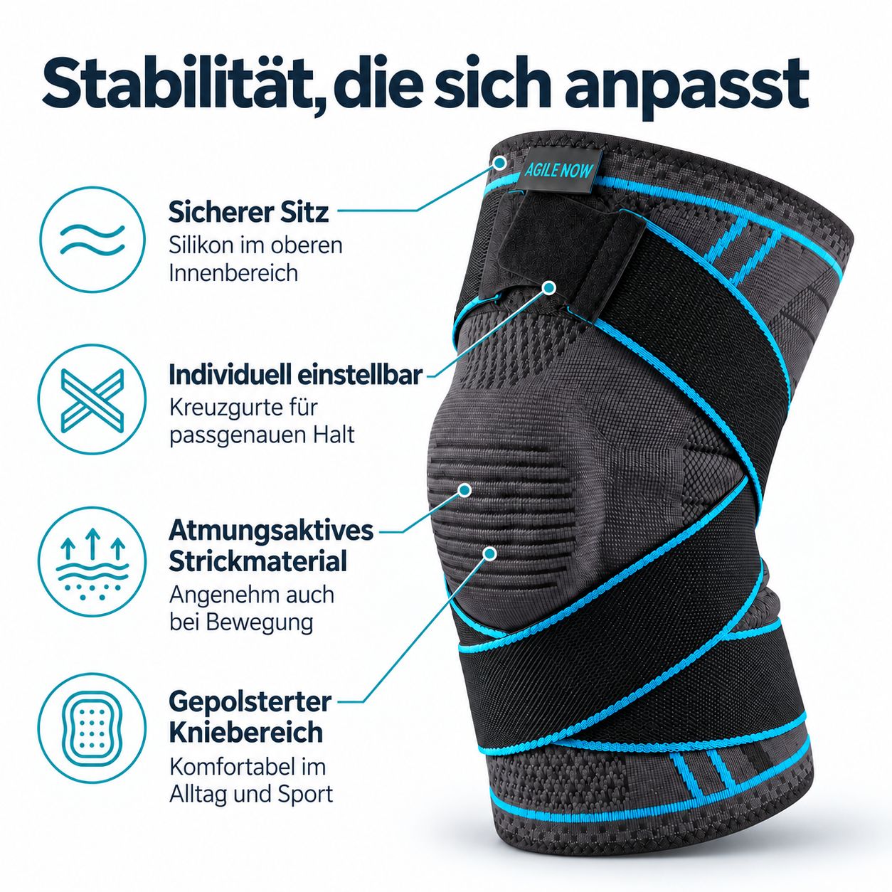 AGILE NOW Kniebandage mit Polsterung, Kreuzgurten und Silikonrand. Atmungsaktives Strickmaterial.