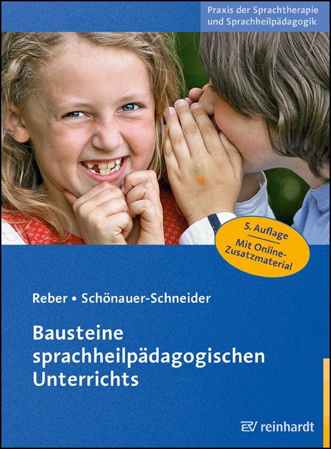 Buchcover mit Titel "Bausteine sprachheilpädagogischen Unterrichts". Kinder im Vordergrund. Aufkleber: 5. Auflage mit Online-Zusatzmaterial.